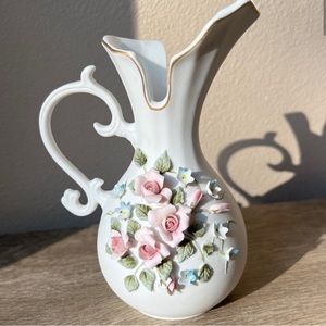 Vtg Lefton Porcelain Bisque Pitcher #839 Applied Roses Forget Me Nots 1950s **